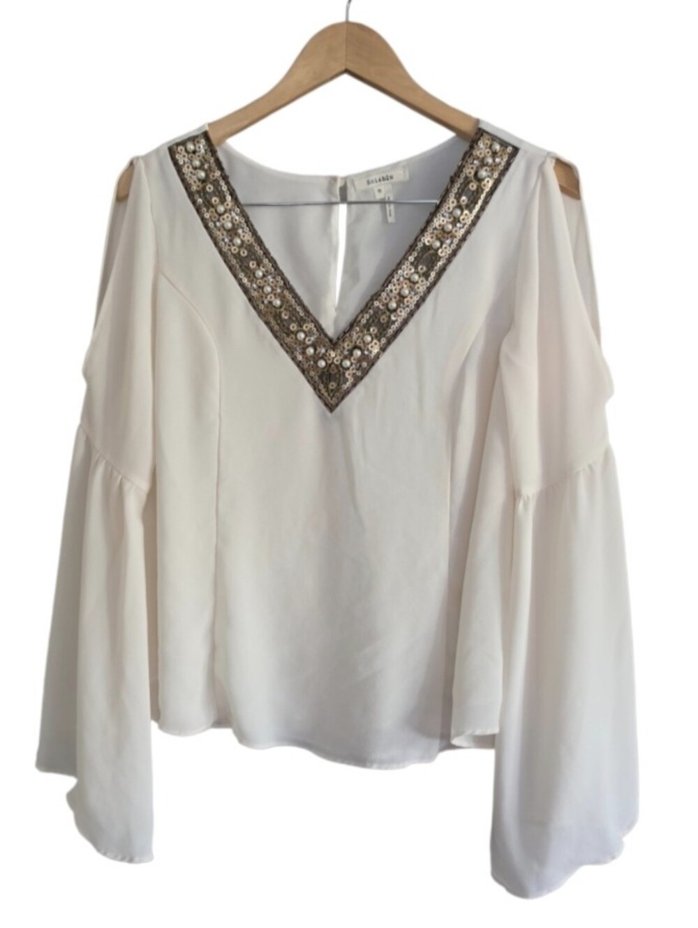 Soieblu Ivory Cold-Shoulder Beaded V-Neck Top with Embellished Trim